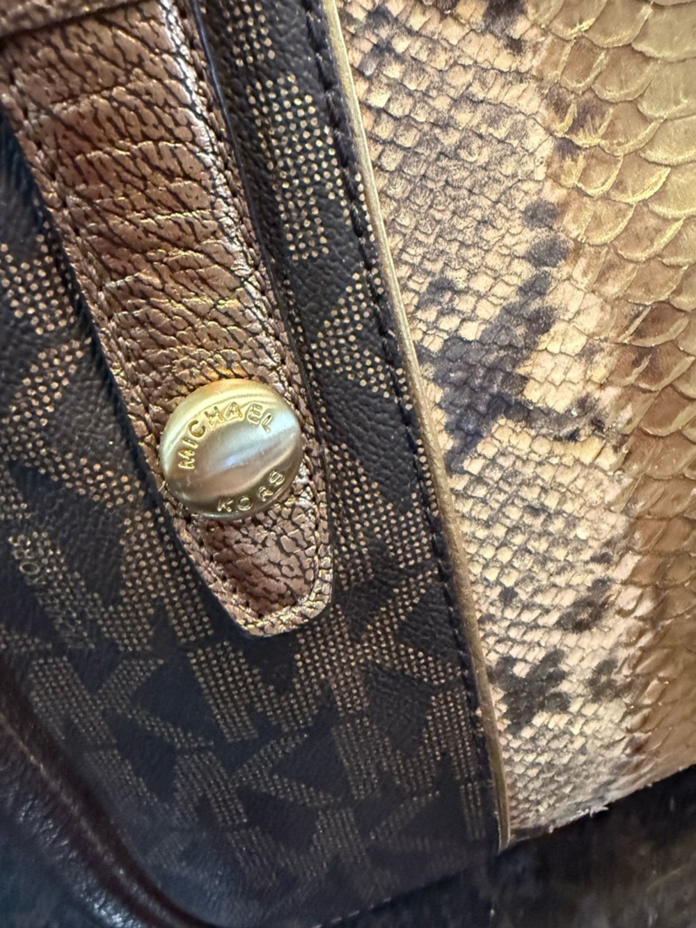 Vintage Michael Kors Brown & Gold Logo Tote with Snake-Print Center - Picture 10 of 13